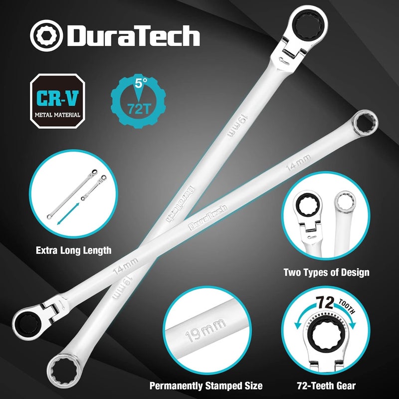 DURATECH 27PCS Extra Long Flex Head Ratcheting Wrench Set, 8-22mm, Double Box End Ratchet Wrench Set with E-type 8-22mm Replacement Heads, 10x19mm, 1/4", 3/8", 1/2" Socket Adapters - Image 3